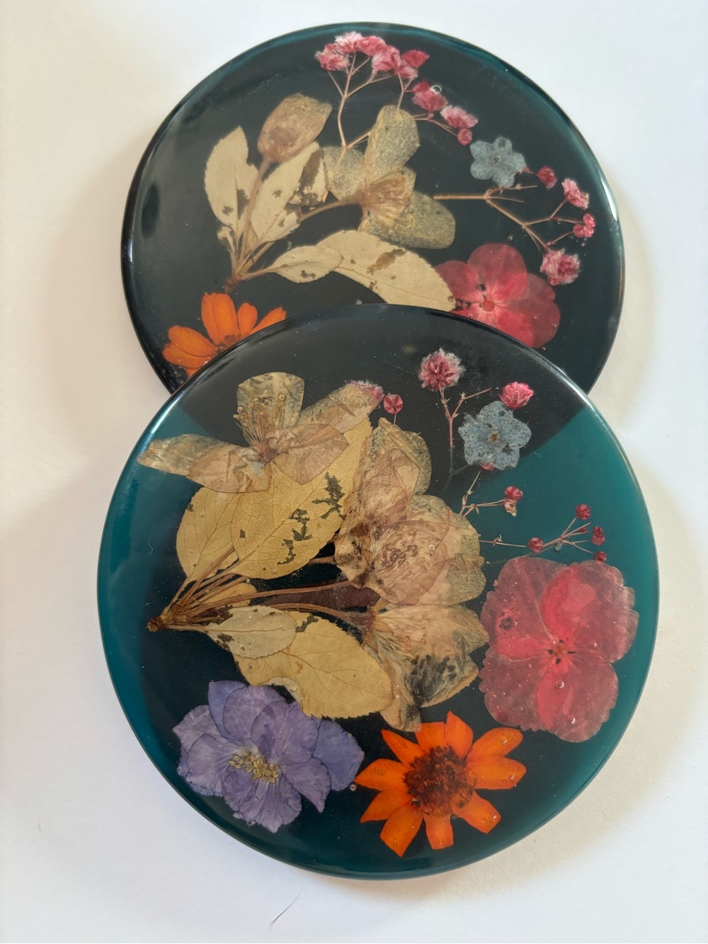 Handmade Pressed Flower Resin Coasters - Teal Background